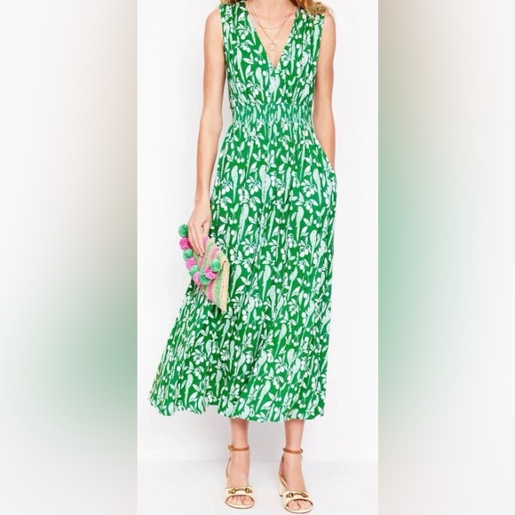 Boden Dresses & Skirts - Boden Paloma Maxi Dress Green Parrot V Neck Smocked Waist Resort Coastal Size 4L